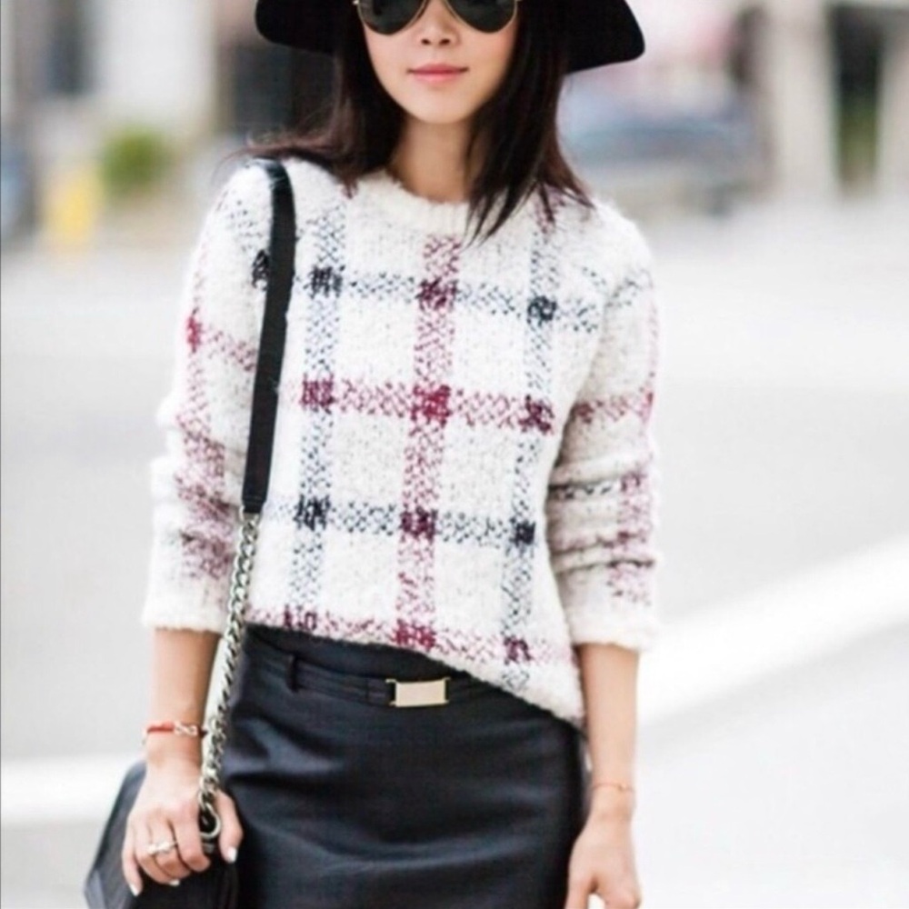 Theory Innis P Loryelle Ivory Plaid Alpaca Mohair Blend Sweater Size M